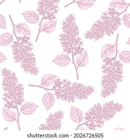 vector drawing seamless pattern with branch of lilac tree with flowers and leaves, hand drawn vintage illustration