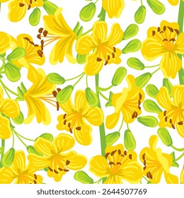 vetor desenho padrão sem costura com ramo de palo verde árvore azul com folhas verdes e flores amarelas, Parkinsonia florida no fundo branco, desenho à mão ilustração