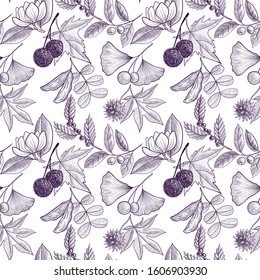 vector drawing seamless pattern with branches of trees, hand drawn illustration