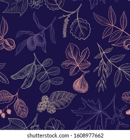 vector drawing seamless pattern with branches of trees, hand drawn illustration