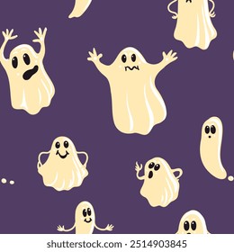 vector drawing seamless pattern with cartoon white ghosts , halloween background, hand drawn illustration