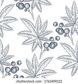 vector drawing seamless pattern with castor plant, ricinus plant ,hand drawn illustration