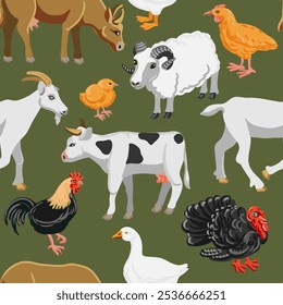 Vector que dibuja el patrón inconsútil con los animales y las aves de granja, ganado y aves de corral en el fondo verde, ilustración dibujada a mano