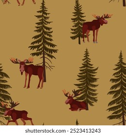 vector drawing seamless pattern with fir trees and elks, spruce trees and mooses, coniferous trees and animals, isolated at white background, hand drawn illustration