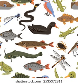 Vector drawing seamless pattern with fishes, water birds, amphibians and insects at white background, hand drawn vector illustration