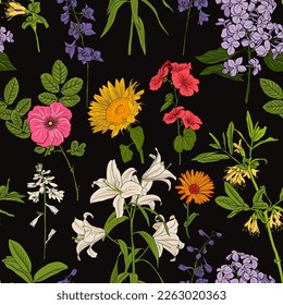 vector drawing seamless pattern flowers at black background, hand drawn natural illustration