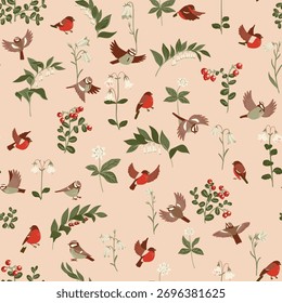 vector drawing seamless pattern with flowers, plants and birds at light orange background, floral ornament, hand drawn botanical illustration
