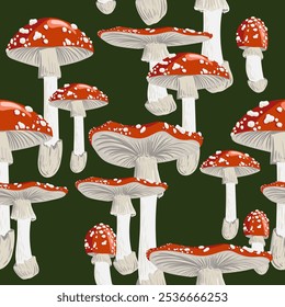 vector drawing seamless pattern with fly agaric, poisonus mushroom at dark green background, Amanita muscaria, natural element, hand drawn botanical illustration