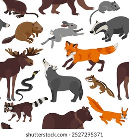 desenho de vetor padrão sem emenda com animais da floresta no fundo branco, ilustração desenhada à mão