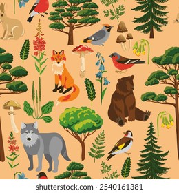 vector drawing seamless pattern with forest animals, birds, trees and plants, natural background , cartoon style ilustration