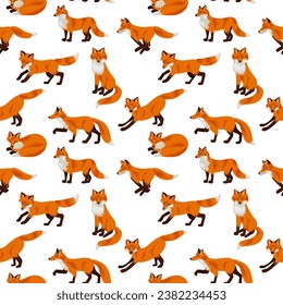 vector drawing seamless pattern with foxes, hand drawn animals at white background , cartoon style characters