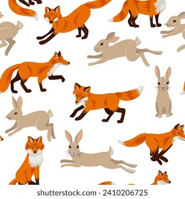 vector drawing seamless pattern with foxes and rabbits, hand drawn animals at white background , cartoon style characters