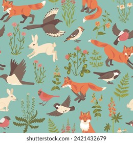 vector drawing seamless pattern with foxes and rabbits, birds and flowers, hand drawn cover design with animals and plants