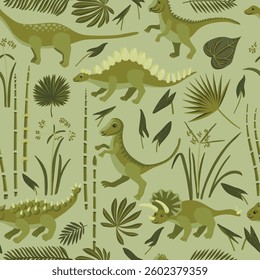 vector drawing seamless pattern with green dinosaurs, plants and leaves, cartoon background, hand drawn illustration