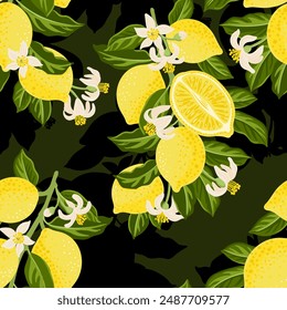 vector drawing seamless pattern with lemon tree branch with yellow fruits, flowers and green leaves at dark background, hand drawn illustration