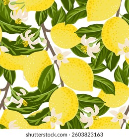 vector drawing seamless pattern with lemon tree branch with yellow fruits, flowers and green leaves at white background, hand drawn illustration