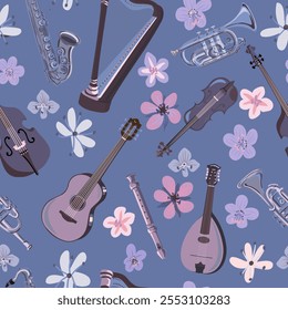 vector drawing seamless pattern with musical instruments and flowers at blue background, hand drawn illustration