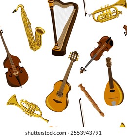 vector drawing seamless pattern with musical instruments at white background, hand drawn illustration