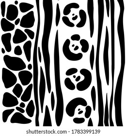 Vector drawing. Seamless pattern on a white background stripes and spots. Animal ornament. Design for fabric, packaging.