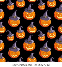 vector drawing seamless pattern with orange pumpkins with witch hats, jack-o-lanterns, halloween background, hand drawn illustration