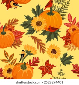 vector drawing seamless pattern with orange pumpkins, flowers, birds and leaves, autumnal background, hand drawn illustration