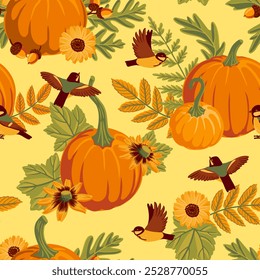 Vector que dibuja el patrón inconsútil con las calabazas naranjas, flores, pájaros y hojas, fondo otoñal, ilustración dibujada a mano