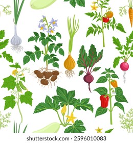 vector drawing seamless pattern with plants and root vegetables with green leaves, flowers and fruits at white background, hand drawn illustration