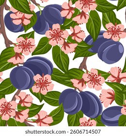 vector drawing seamless pattern plum tree branch with fruits, flowers and green leaves at white background, hand drawn illustration