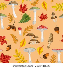 vector drawing seamless pattern with poisonus mushrooms, autumn tree leaves and oak acorns , forest background, hand drawn botanical illustration