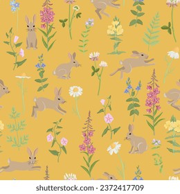 vector drawing seamless pattern with rabbits and flowers, hand drawn animals and plants , cartoon background for children textile or wallpaper