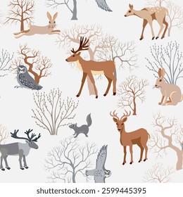 vector drawing seamless pattern with silhouettes of winter trees and shrubs without foliage and animals, natural background, hand drawn illustration