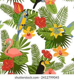 vector drawing seamless pattern with tropical birds, flowers and leaves, hand drawn natural background, jungle cover design