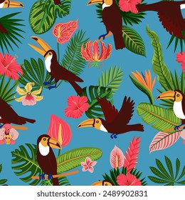 vector drawing seamless pattern with tropical birds, flowers and leaves, hand drawn natural background with toucans, jungle cover design