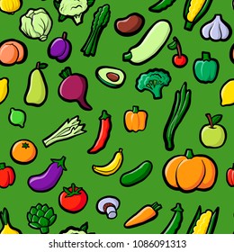 vector drawing seamless pattern with vegetables and fruits, hand drawn illustration