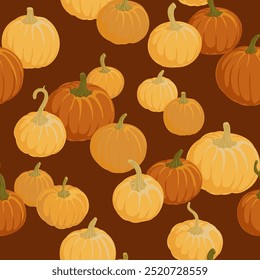 vector drawing seamless pattern with vegetables, orange and yellow pumpkins thanksgiving day background, hand drawn illustration