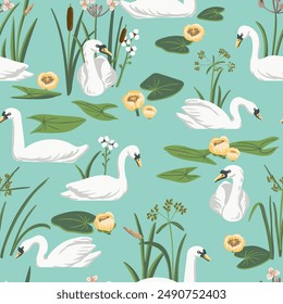 vector drawing seamless pattern with white swans swimming in water, river plants and flowers, natural wildlife composition, hand drawn illustration