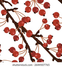 vector drawing seamless pattern with winter apple tree branch with red fruits at white background, hand drawn illustration