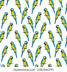 vector drawing seamless pattern withbird, hand drawn blue-and-yellow macaw,hand drawn natural background