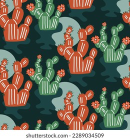 Dibujo vectorial de cactus de textura sin fisuras en el desierto con el sol para telas e impresiones de moda.