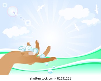 The Vector drawing. The seashells In feminine hand. The Seascape. The Sun shines day