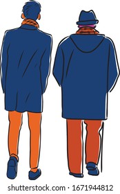 Vector drawing of senior man and young man walking along street