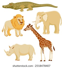 vector drawing set of African animals, lion, giraffe and rhinoceros, elephant and crocodile isolated at white background, hand drawn illustration