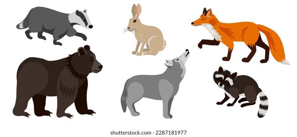 vector drawing set of animals, fox, rabbit, bear,wolf, badger,racoon, isolated at white background , cartoon style characters