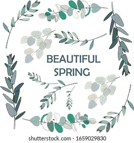Vector drawing set of beautiful green twigs. Color sketch. Great idea for a postcard, calendar, holiday invitation, wrapping paper. Suitable for decorating recipes, frames, diaries.
