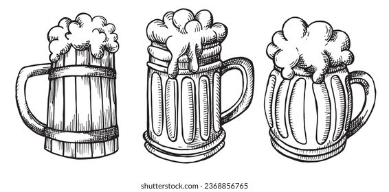 conjunto de dibujo vectorial de tazas de cerveza en estilo de esbozo. ilustración vintage sobre el tema del festival de octubre