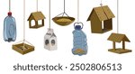 vector drawing set of bird feeders, wooden bird houses isolated at white background, hand drawn vector illustration