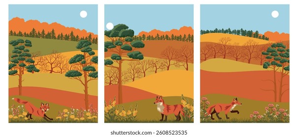 vector drawing set of cards with autumn landscapes with flowers, red fox, sun and pine trees, hand drawn illustration