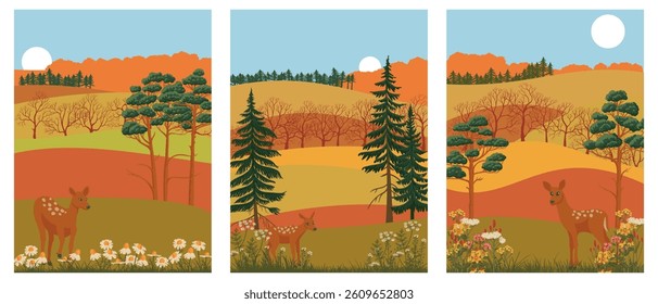vector drawing set of cards with autumn landscapes with daisy flowers, sika deer, sun and pine trees, hand drawn illustration