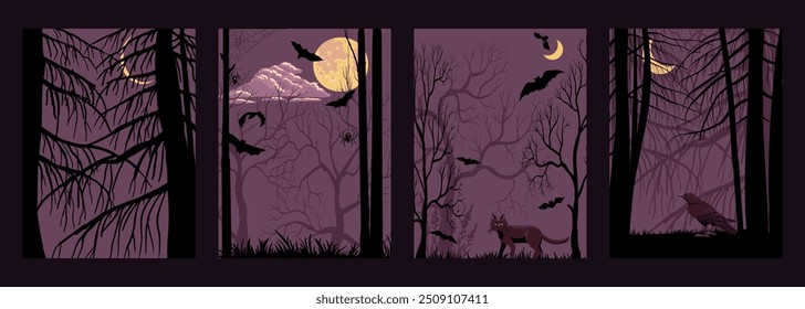 conjunto de desenho vetorial de cartões com paisagem florestal noturna com abetos, plantas silhuetas e lua, ilustração desenhada à mão, cartazes de halloween, design de capa,