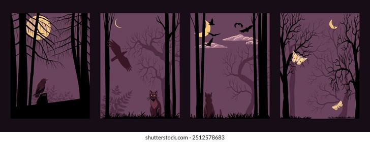 vector drawing set of cards with night forest landscape with trees, bats, plants silhouettes and moon, hand drawn illustration, halloween posters, cover design,